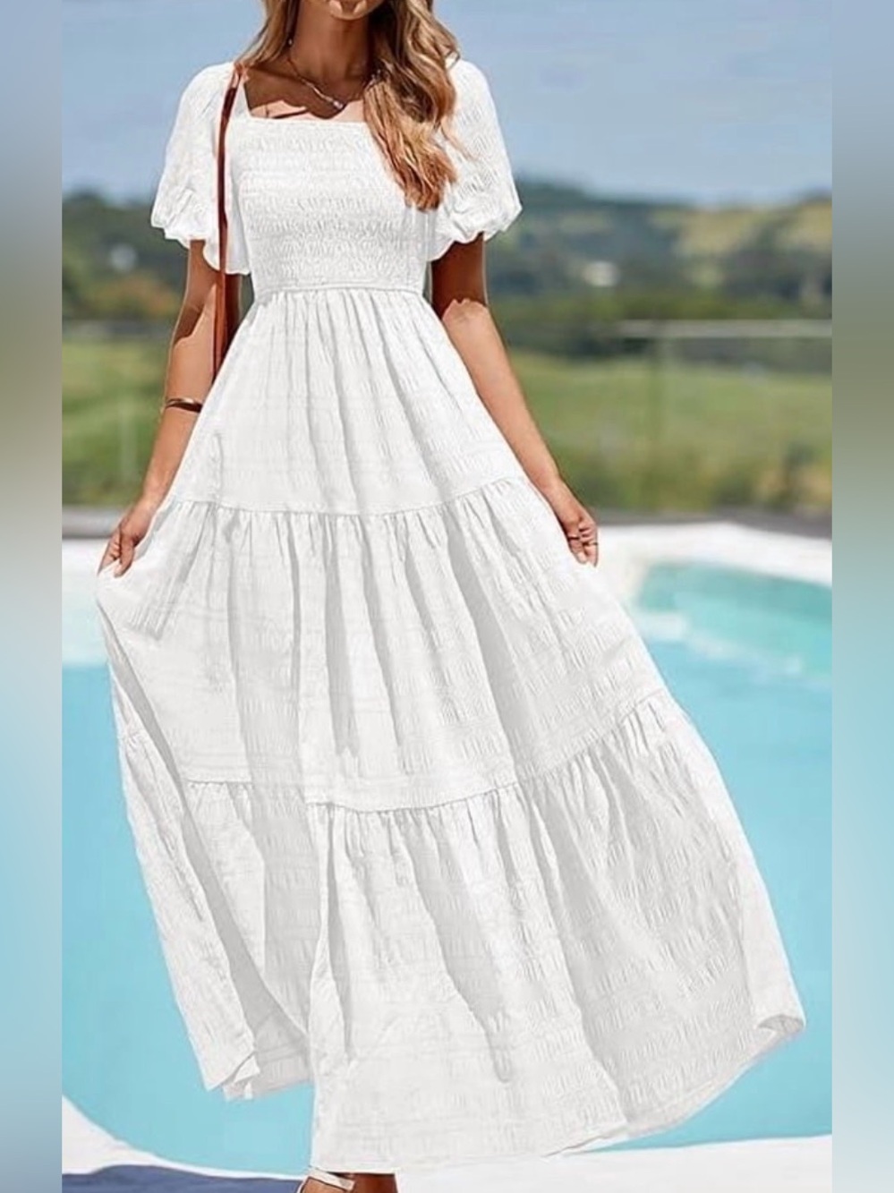 Pretty Garden Smocked White Maxi Dress with Puff Sleeves - Women